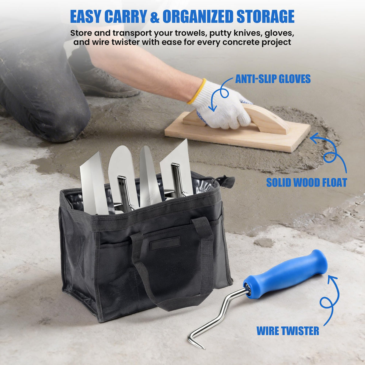 15PCS Concrete Trowel Set - Masonry Hand Tool Set Kit Including Flat Finishing and Pool Trowel, Wood Float, Concrete Groover & Edger, Margin Gauging, Wire Twister, Putty Knives, Gloves & Carry Bag