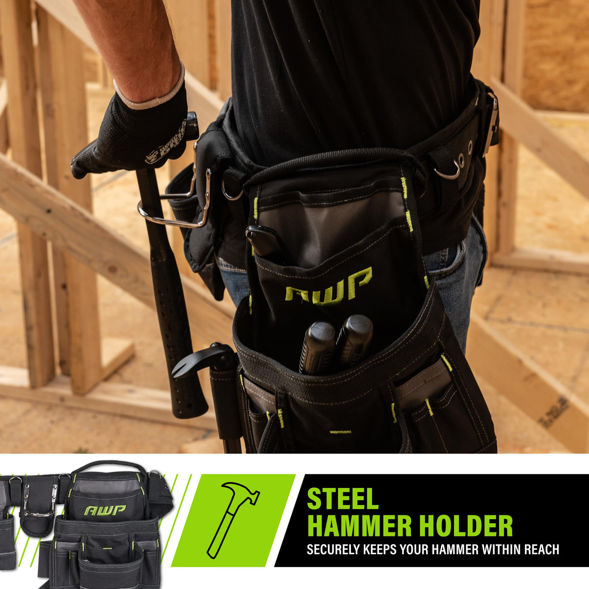 AWP Carpenter Tool Rig, Tool Belt Up to 50in, 1 Pack, Black