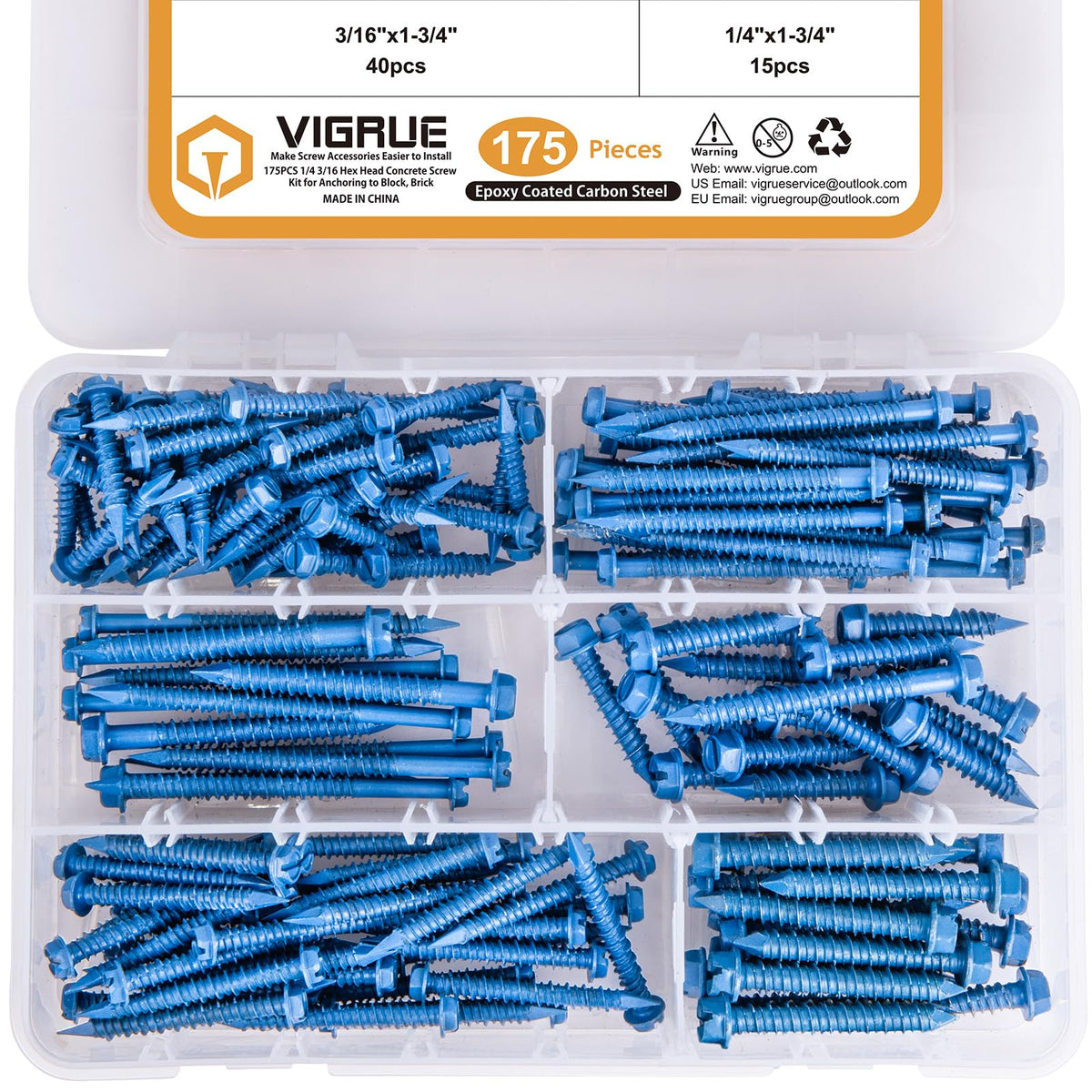 VIGRUE 175PCS Concrete Screws Assortment Kit 1/4" x 1-1/4" to 2-1/4" and 3/16" x 1-1/4" to 2-3/4" 175PCS Hex Head Cement Screws Set Diamond Point for Anchoring to Masonry, Block or Brick
