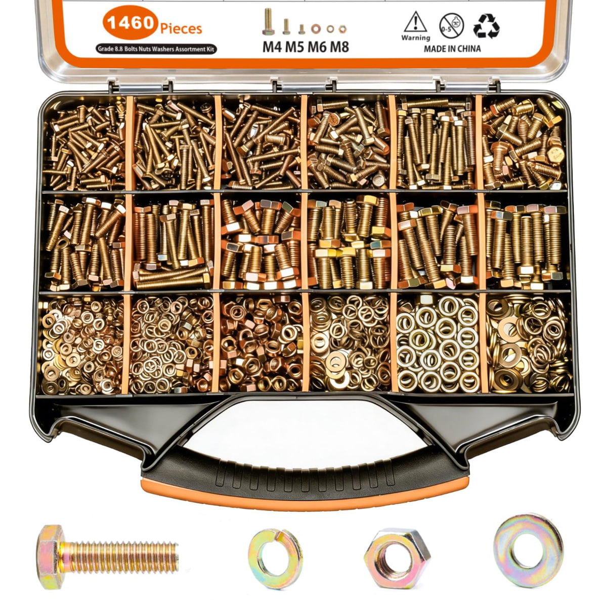 1460PCS Nuts and Bolts Assortment Kit - M4 M5 M6 M8 Grade 8.8 Bolts with Nuts & Washers - Heavy Duty Hex Head Bolts Assortment for Automotive Repair, Machinery, Furniture - Zinc Plated