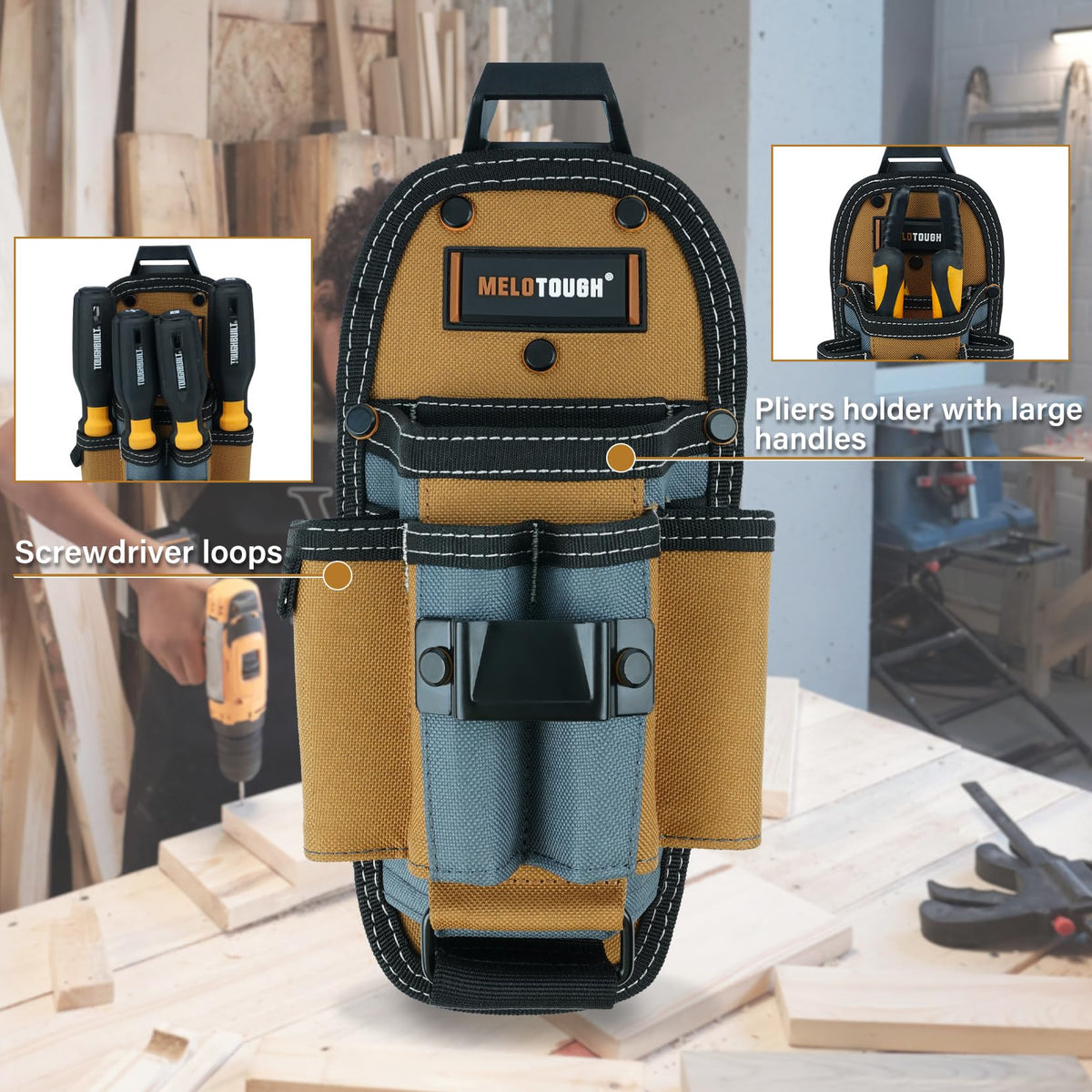 MELOTOUGH 7-Pocket Technician Pouch-Small Tool Belt Pouch with Belt Clip,Clip on Larger - Pockets & Loop,-Tool Holder Accessory(Khaki)