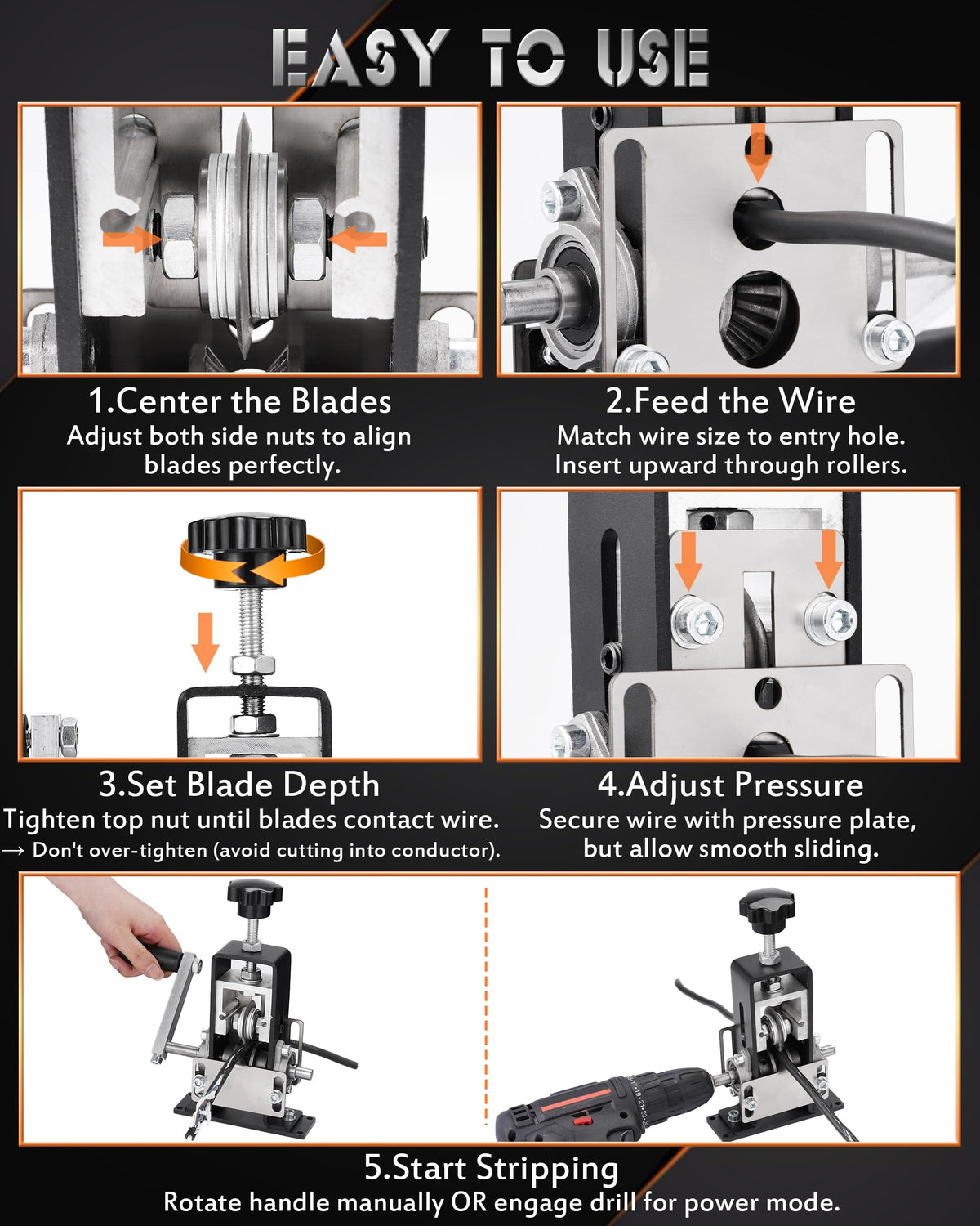 Manual Wire Stripping Machine, 2 IN 1 Drill-Powered/Hand Crank Wire Peeler Machine, For 0.06"-1"(1.5~25 mm) Scrap Copper, Wire Stripping Tool for DIY Cable Copper Recycling(Black)