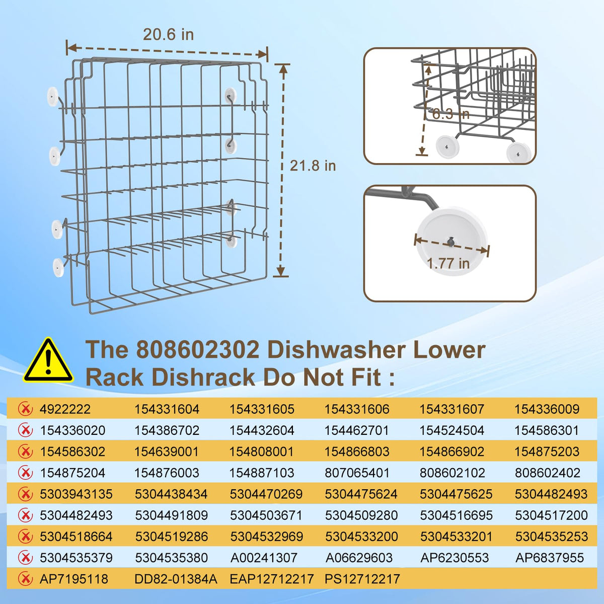 UPGRADED 808602302 5304535768 Dishwasher Lower Rack Replacement Compatible with Frigidaire,Kenmore Dishwasher Rack Parts with 154174501 Wheels Replace 154432602 154432601 154319706 Dishwasher Racks