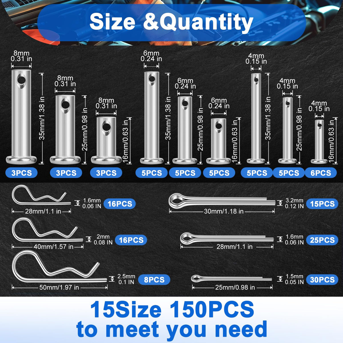 150PCS Premium 304 Stainless Steel Clevis Pins Cotter Pins R Clips Assortment Kit, 15 Sizes Single Hole Flat Head Cotter Clips Fasteners for Trailer Hitch, Automotive, Machinery Use
