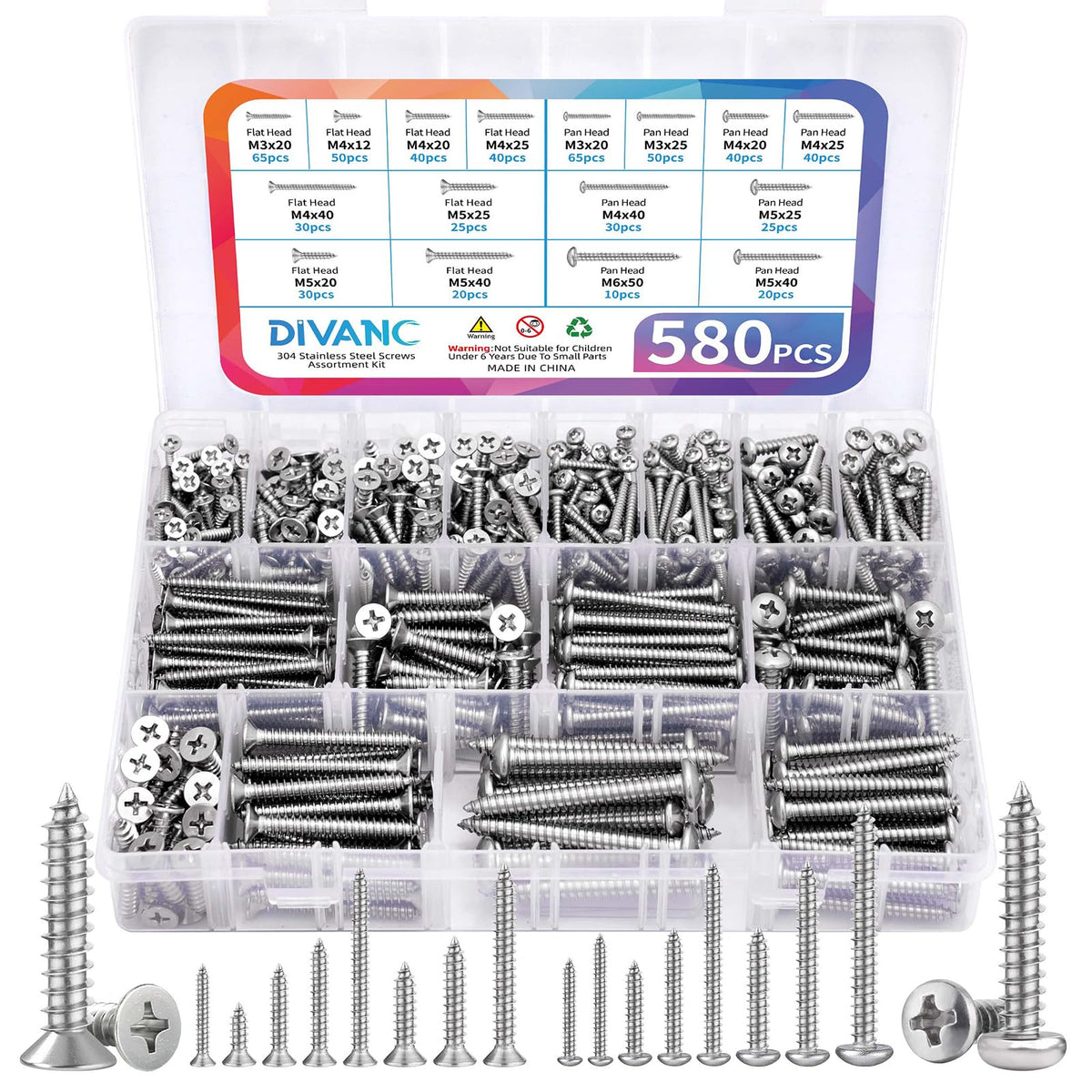 DIVANC 580Pcs 304 Stainless Steel Wood Screw Assortment Kit, M3 M4 M5 M6 Phillips Pan Head & Flat Head Sheet Metal Screws Self Tapping Screws Set,16 Sizes Assorted Screw (Silver)