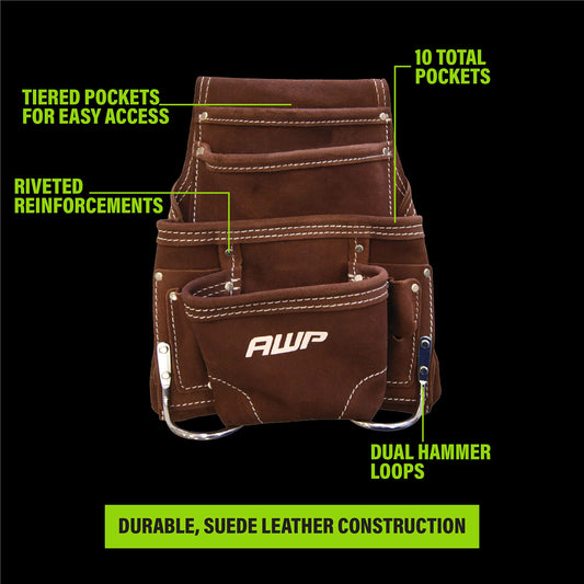 AWP Multi-Pocket Electrician Tool Belt Pouch, 1 Bag with 10 Pockets, Brown