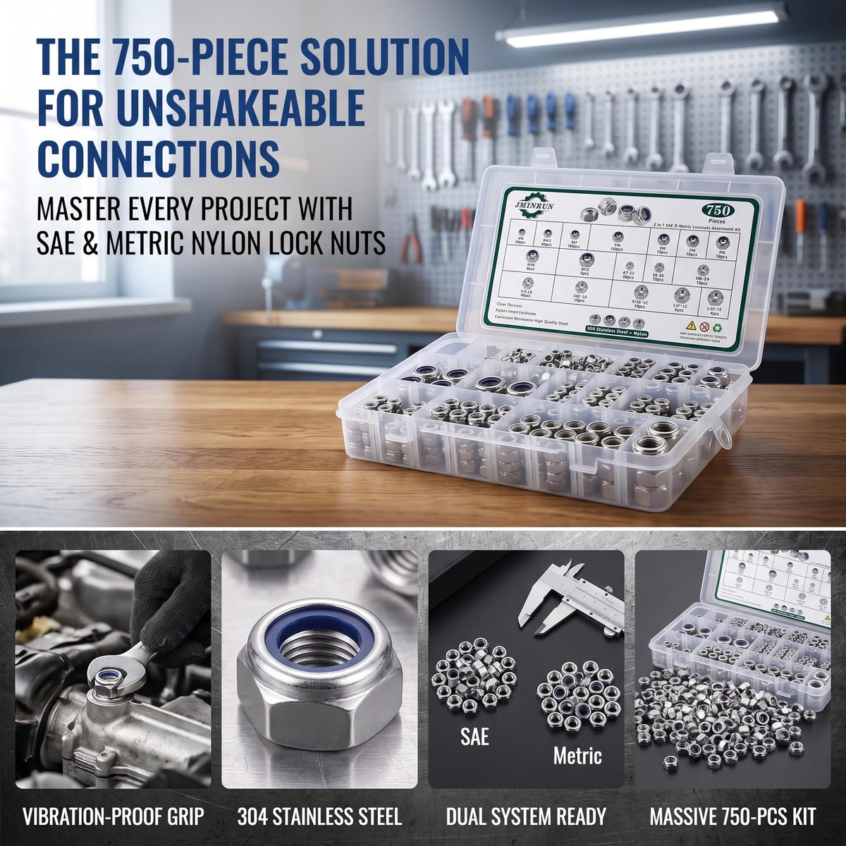 SAE & Metric Nylon Insert Lock Nuts Kit (750Pcs), Lock Nuts Assortment Kit