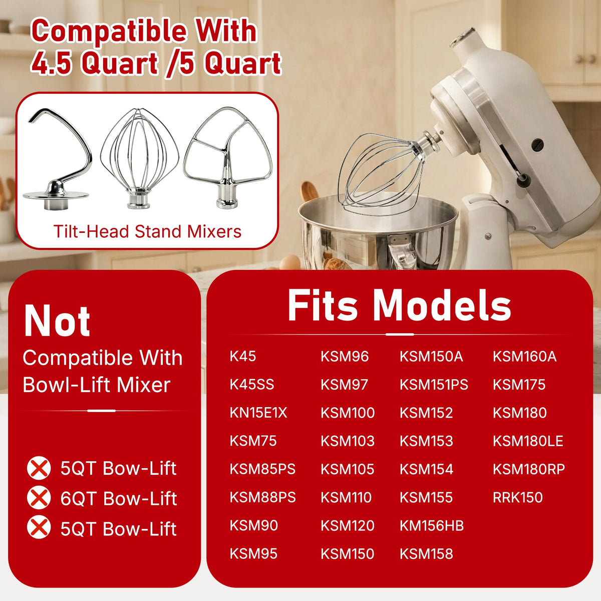 3-Piece Stainless Steel Stand Mixer Attachments Set for KitchenAid Tilt-Head 4.5-5 Quart Mixers, Dough Hook, Flat Beater & Wire Whip, Premium Replacement Accessories, Dishwasher Safe