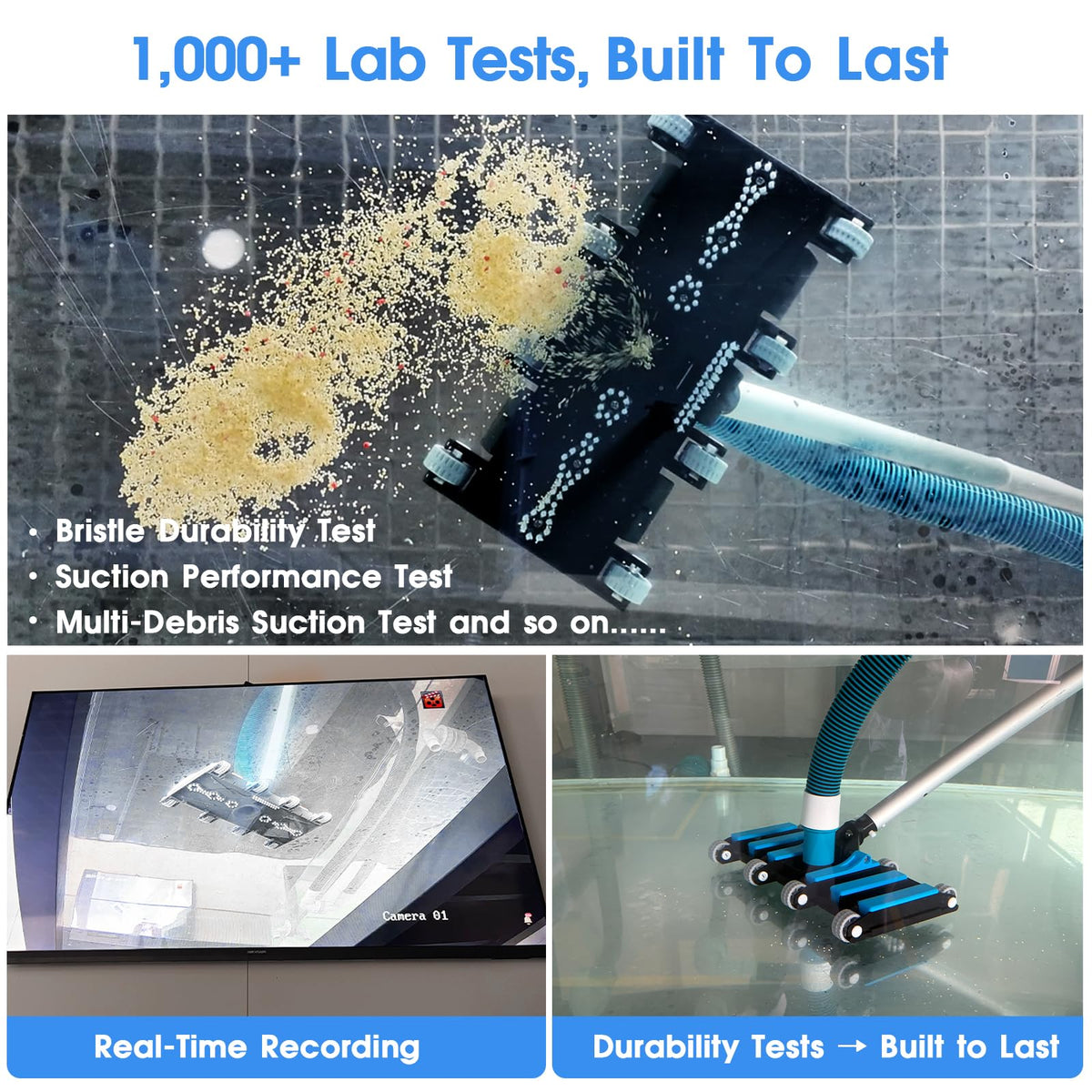 Commercial-Grade 4.4 LB Weighted Pool Vacuum Head & Swivel Handle - Lab-Tuned Brush,Debris Guide & Non-Slip Wheels for High-Efficiency Cleaning,Inground & Above Ground Swimming Pools – Blue