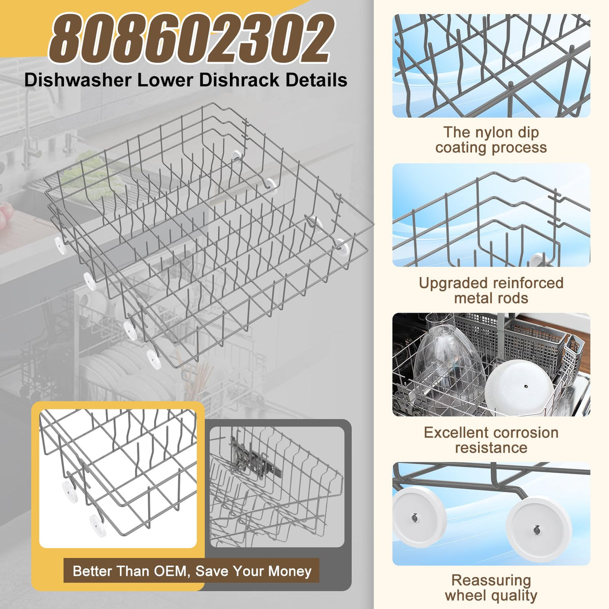 UPGRADED 808602302 5304535768 Dishwasher Lower Rack Replacement Compatible with Frigidaire,Kenmore Dishwasher Rack Parts with 154174501 Wheels Replace 154432602 154432601 154319706 Dishwasher Racks