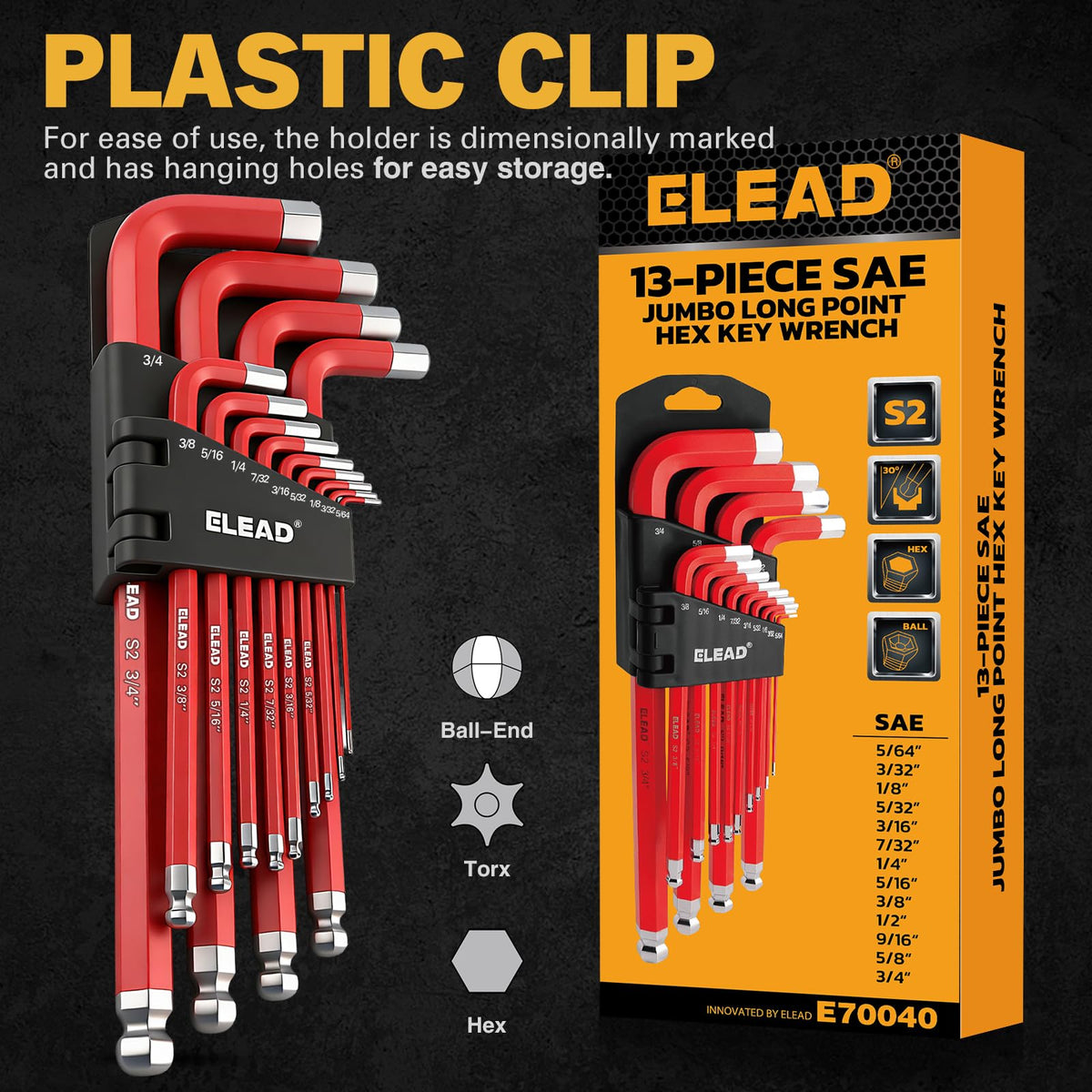 ELEAD Jumbo Hex Key Allen Wrench Set, 13-Piece SAE 5/64"-3/4", Long Ball End Durable S2, 4" - 13.5" Long, Automotive, Mechanic, Furniture, Professional Grade Tools