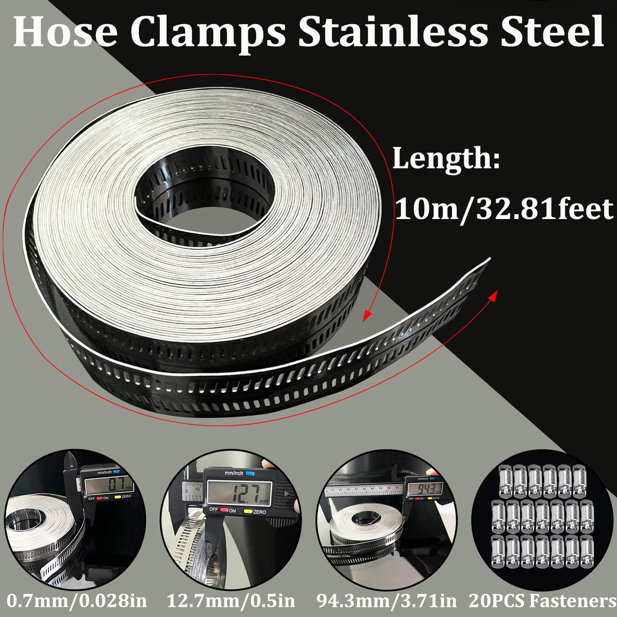 Hose Clamps Stainless Steel, Large Worm Gear Duct Pipe Hose Clamp Assortment Kit, Band Fittings Strap, 32.81FT Adjustable Metal Bolt with 20 Stronger Fasteners Screw for Plumbing Auto Tube Fuel Line