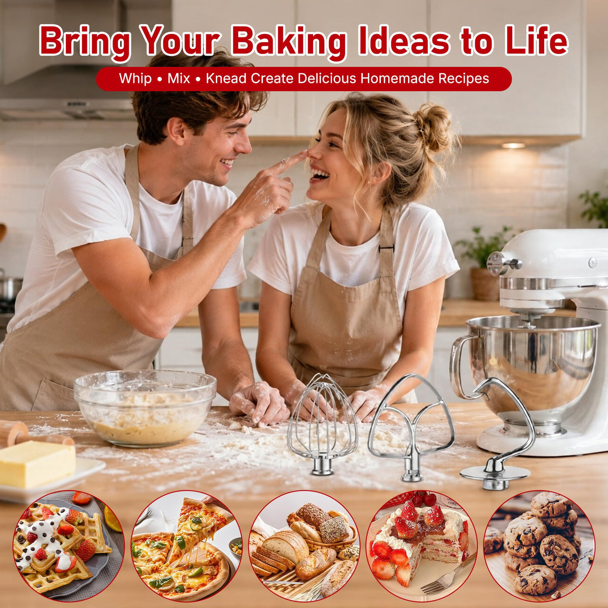 3-Piece Stainless Steel Stand Mixer Attachments Set for KitchenAid Tilt-Head 4.5-5 Quart Mixers, Dough Hook, Flat Beater & Wire Whip, Premium Replacement Accessories, Dishwasher Safe