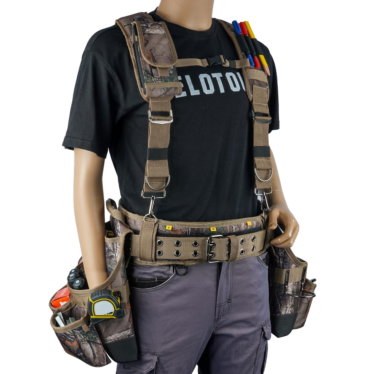 MELOTOUGH Camo Tool Belt with Suspenders Camouflage Tool Bag Supenders Framers Comb Apron Tool Belt Construction Tool Pouch Suspenders Heavy Duty Carpenter Suspension Rig for Electrician