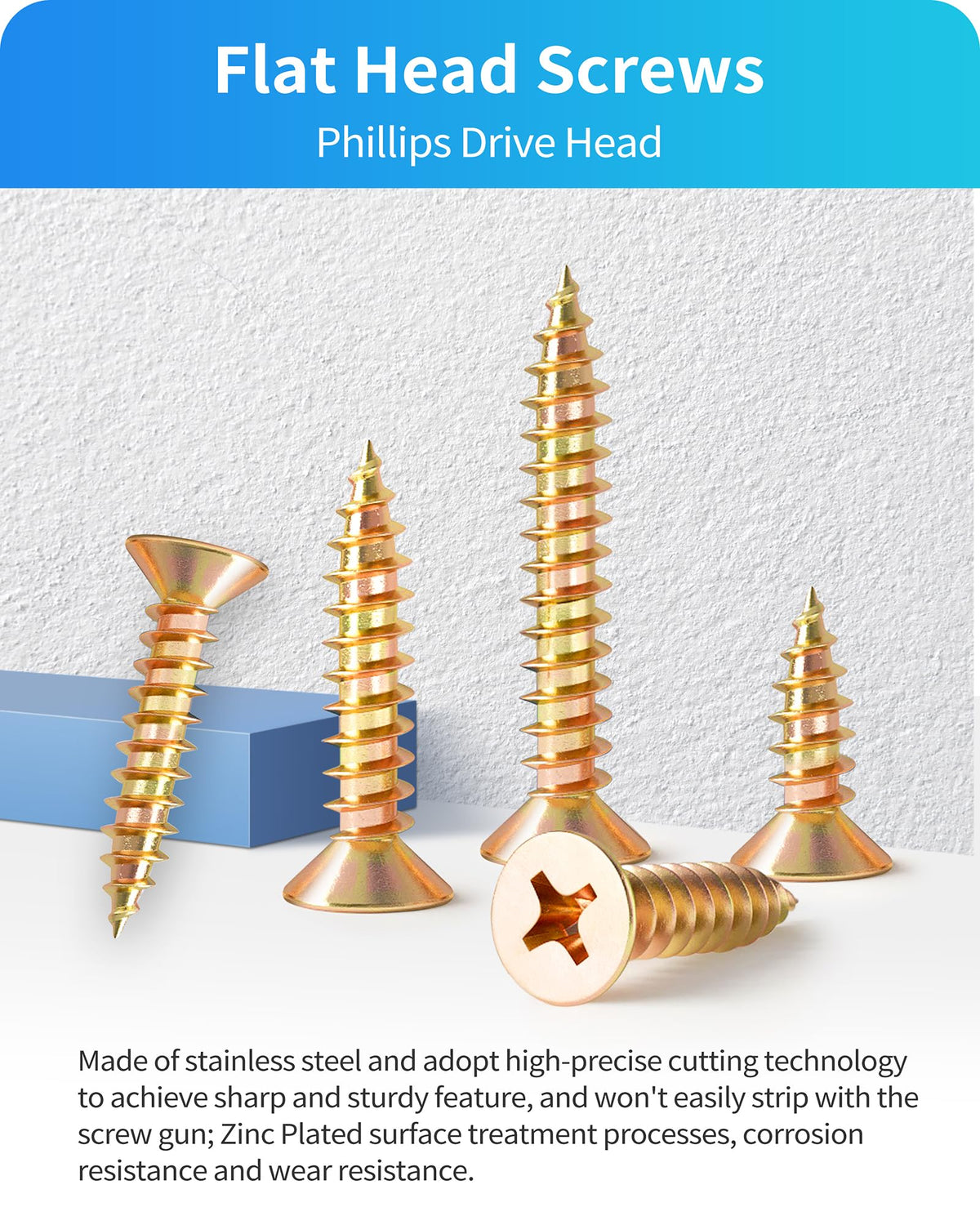 DIVANC 600Pcs Stainless Steel Zinc Plated Wood Screws Assortment Kit, #4#6#8#10#12 Phillips Flat Head Sheet Metal Screws Self Tapping Screws Set,Length 3/8" to 2" (Gold-Flat Head)