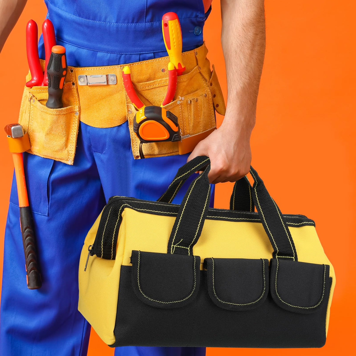 4 Pieces Tool Bag with Waterproof Strong Molded Base Multi Pockets Wide Mouth Tool Tote Multifunctional Tool Bag Large Capacity Organizer Heavy Duty Tool Storage Bag (Multicolor,16 Inch)