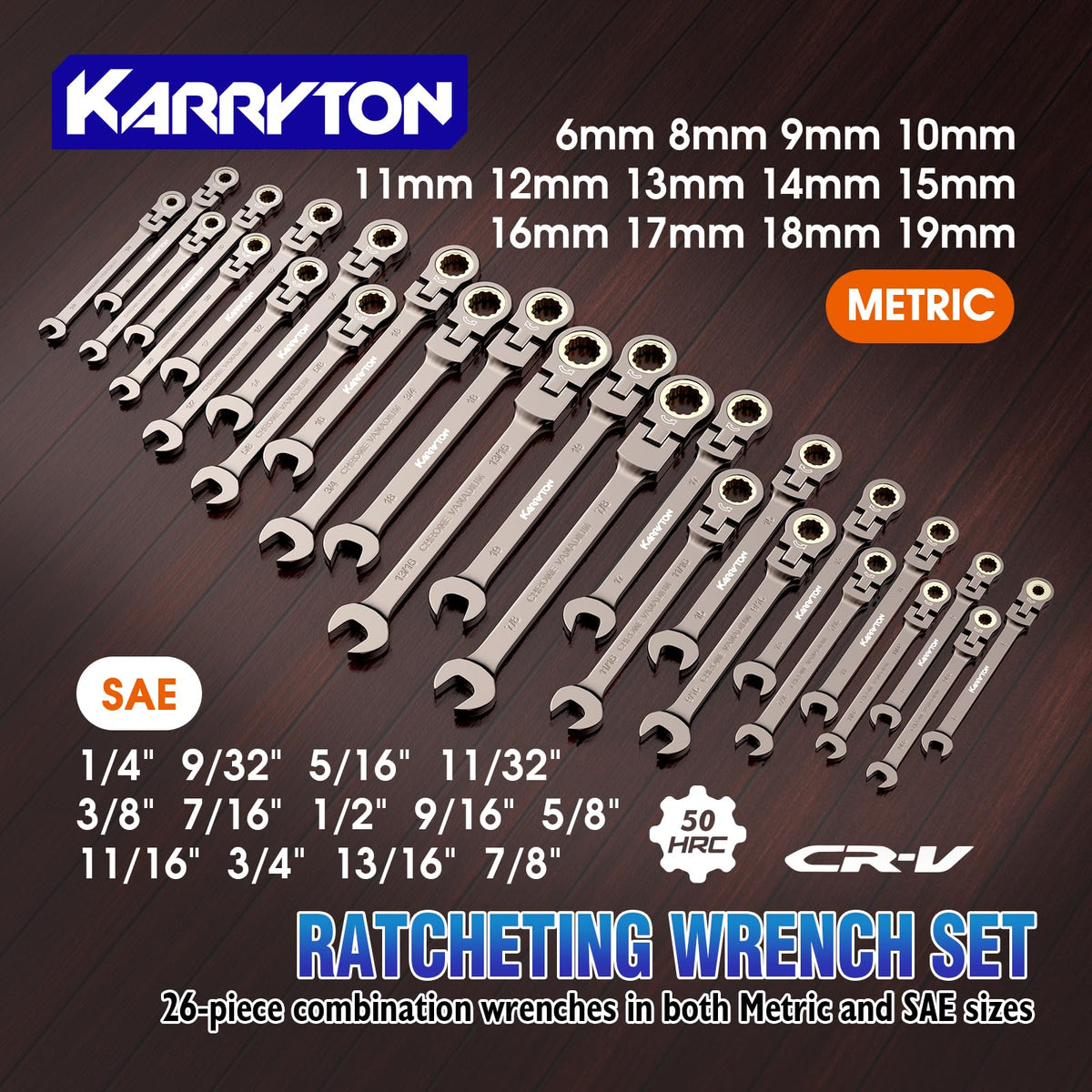 KARRYTON 26-Piece Flex head Ratchet Wrenches Set (Metric & SAE)