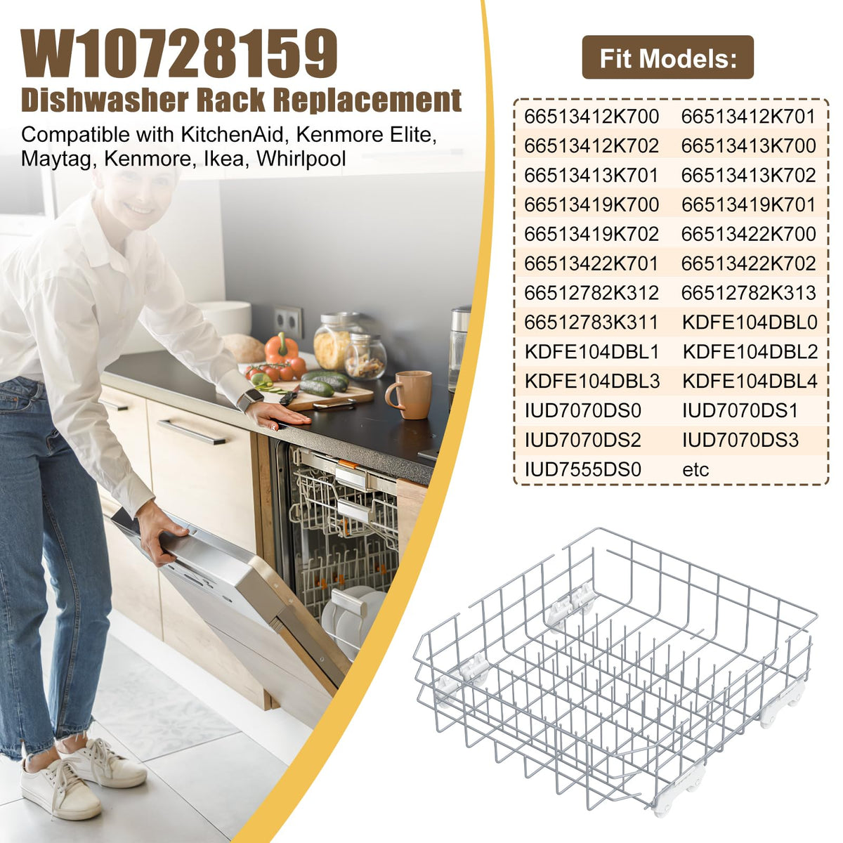 UPGRADED W10728159 W10525646 Dishwasher Lower Rack Replacement Compatible with Whirlpool Dishwasher Rack, Replace W10315890 W10078180 Kitchenaid Kenmore Elite Dishwasher Bottom Rack & WP3376961 wheels