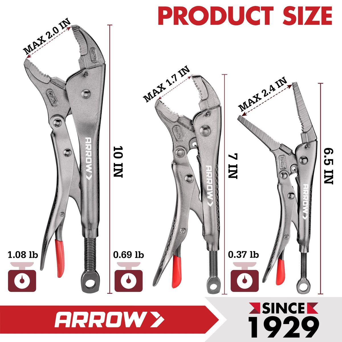 ARROW 3PCS Locking Pliers Set with Long Nose and Curved Jaw