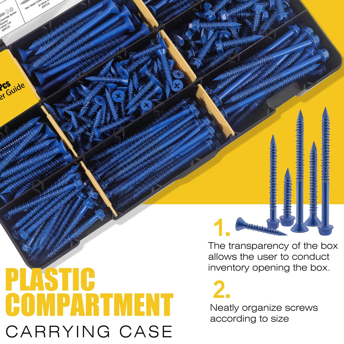 Bonost 300-Piece Concrete Screws Assortment Kit, 1/4 & 3/16 in, 8 Sizes