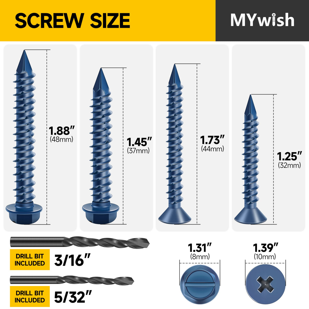 Mywish 105Pcs Concrete Screws Assortment Kit, Flat Pillips & Hex Head Masonry Block Brick Cement Screws with Drill Bit, Concrete Screws Set for Concrete Masonry Stucco Brick