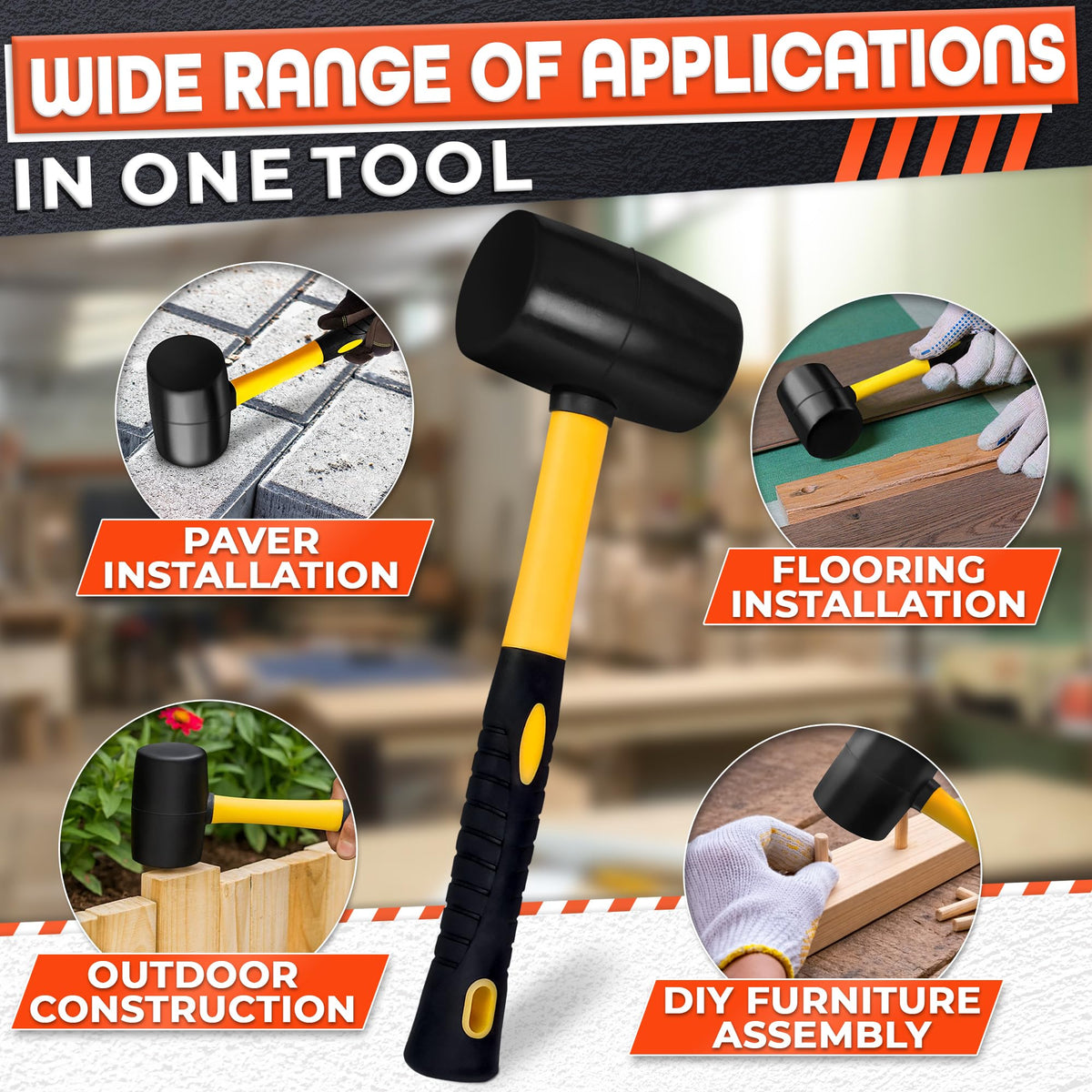 24 oz (1.5 lb) Rubber Mallet Hammer, 13in Soft Mallet, Rubber Hammer