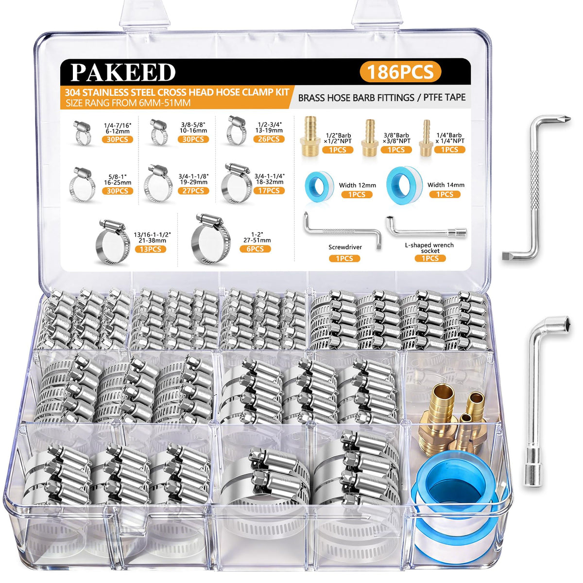 186pcs 304 Stainless Steel Hose Clamp Kit 8 Sizes From 1/4"-2" (6-51mm)