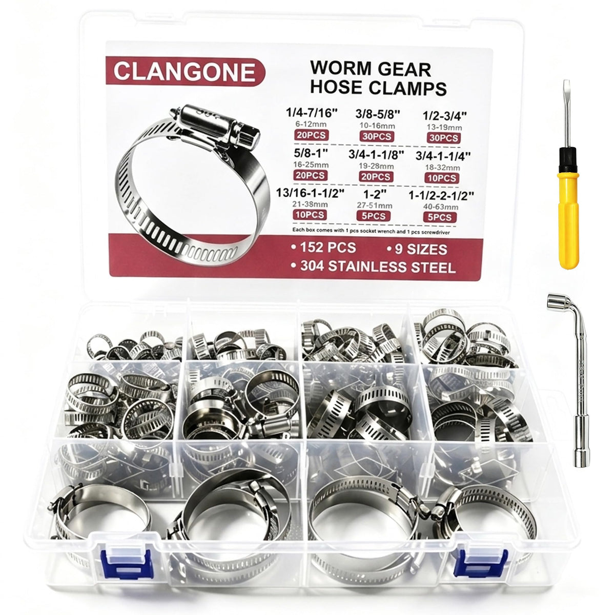 CLANGONE 152PCS Hose Clamps Assortment Kit, 1/4"-2-1/2" (6-63mm) Adjustable 304 Stainless Steel Worm Gear Hose Clamps for Automotive, Fuel Line, Radiator, Plumbing, Garden, Water Pipe Repair