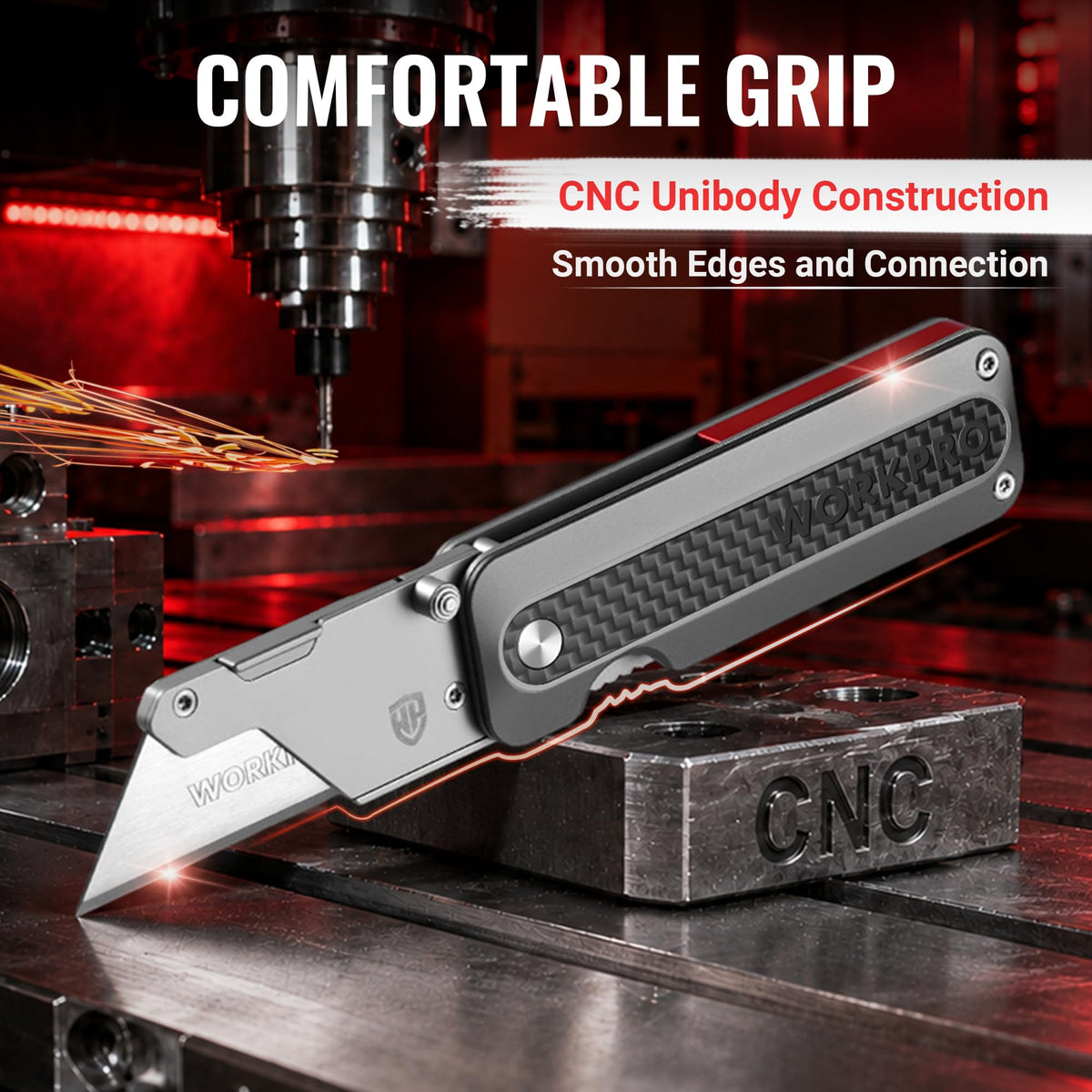 WORKPRO Utility Knife, CNC Unibody, Aluminium Handle Carbon Fiber Inlay