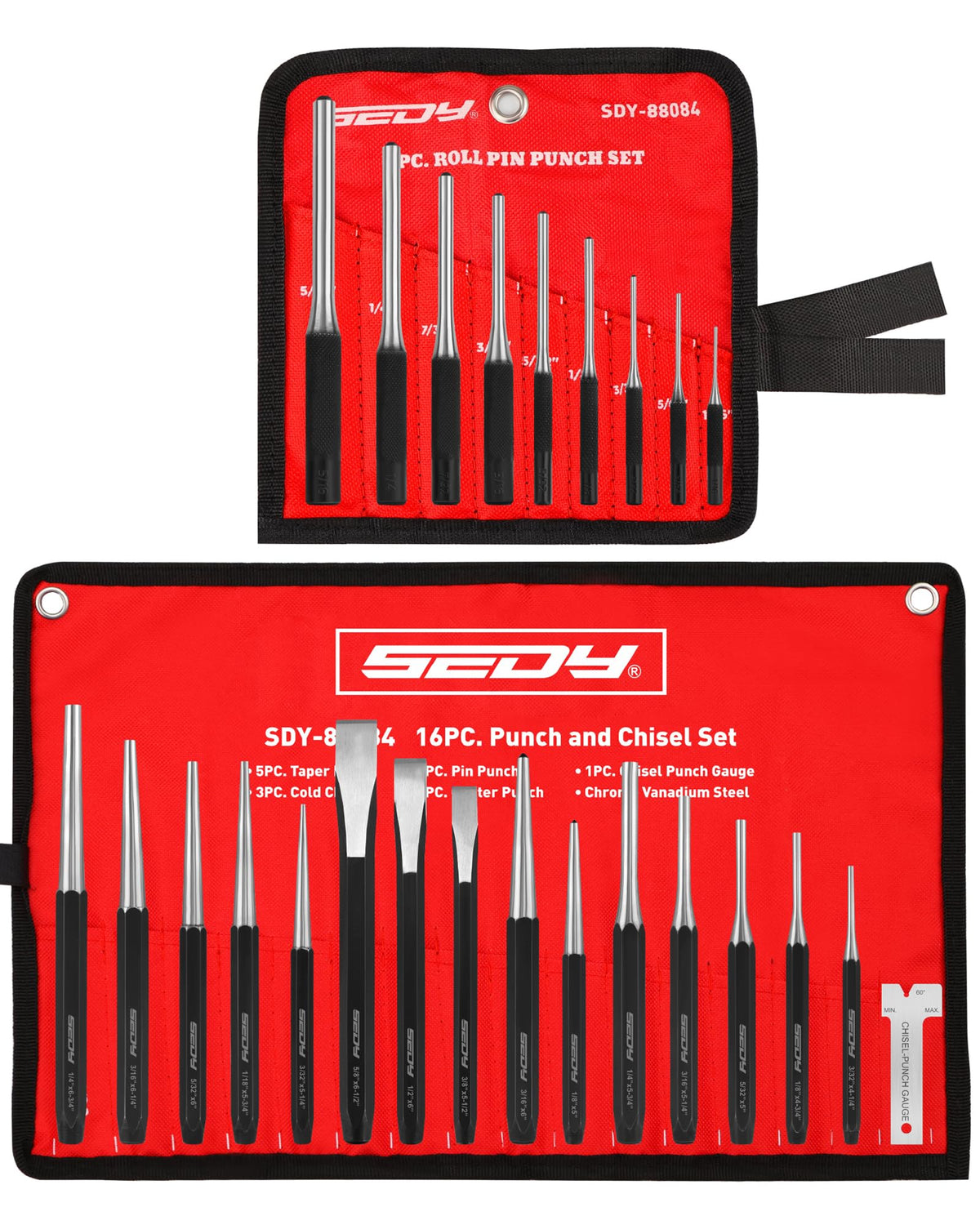 25-Piece Punch and Chisel Set with Roll Pin Punches, Includes Taper, Pin, Center Punches & Cold Chisels for Metalworking, Automotive, and Craft Use