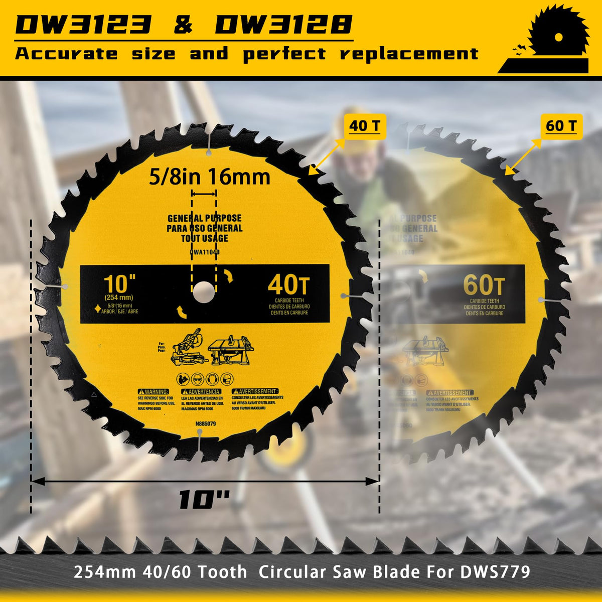2-Pack 10in 40T/60T Table Saw Blades Compatible with Dewalt