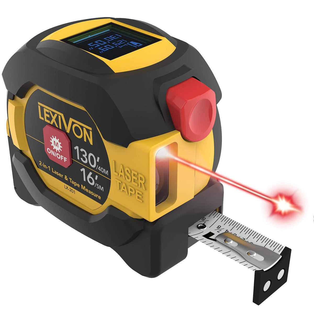 LEXIVON 2 in 1 Digital Laser Tape Measure, 130ft/40m Laser Distance Meter Display On Backlit LCD Screen with 16ft/5m AutoLock Measuring Tape, Ft/Inch/Fractions/M/mm(LX-201)