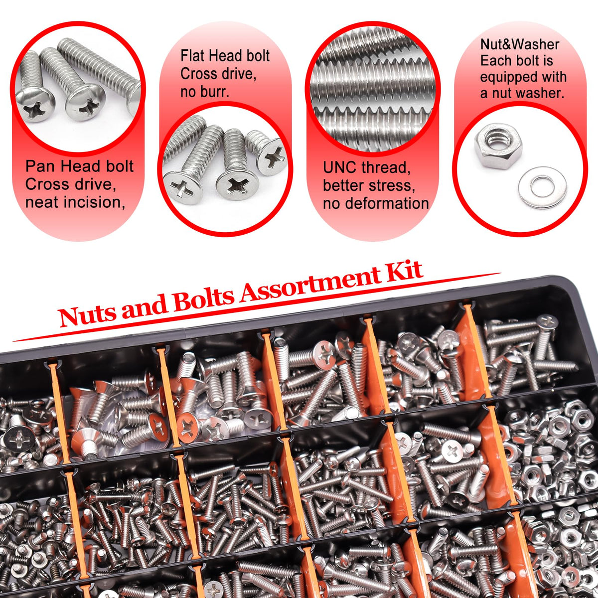 Twidec/1511PCS Nuts and Bolts Assortment Kit,Machine Screws,304 Stainless Steel Phillips Pan Head and Flat Head Screws #4-40#6-32#8-32#10-24#1/4-20 with Nuts, Bolts,Washers in the Storage Case