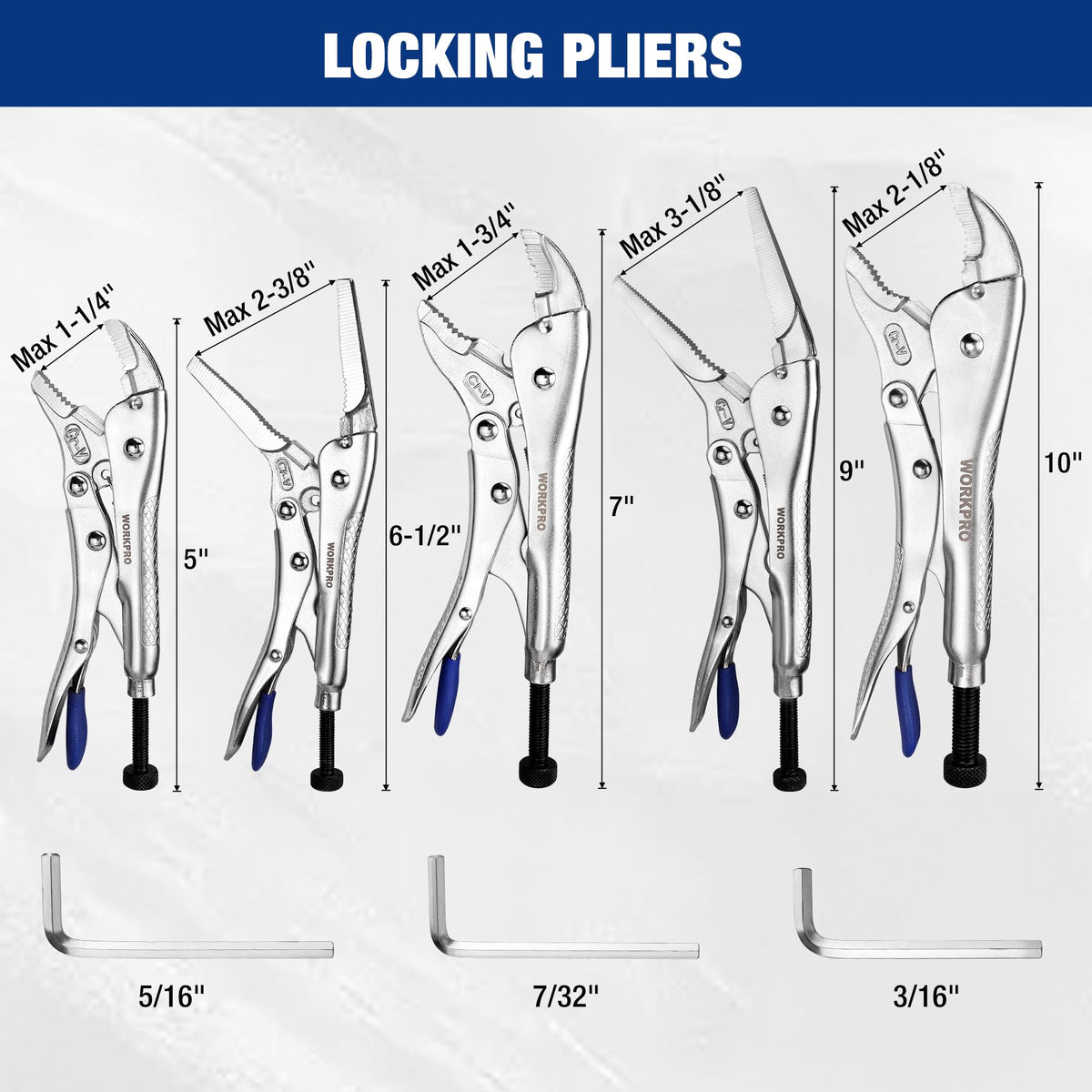 WORKPRO 5PCS Locking Pliers with Hex Key, Long Nose Curved Jaws Vice Grips