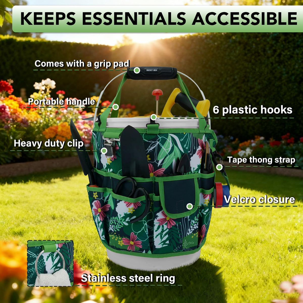 KUNN Bucket Tool Organizer 5 Gallon 18-Pocket Gardening Tool Bag with Hangable Handle, Garden Caddy & Bucket Accessory, Green