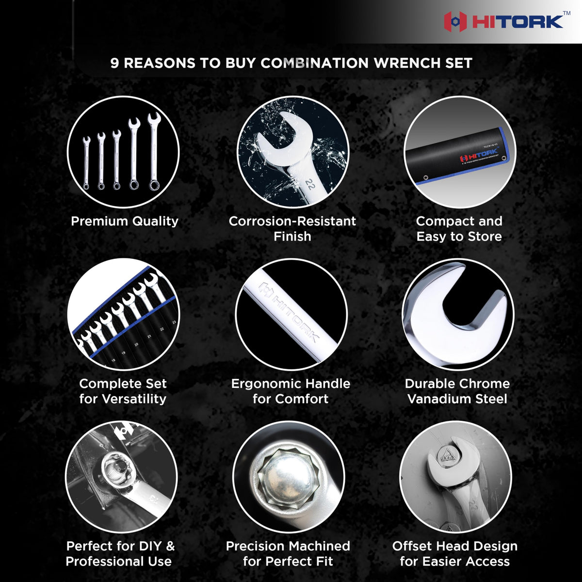 Hitork 24-Piece Combination Wrench Set, SAE (1/4"–1") & Metric (8–24mm), Cr-V Steel, Mirror Chrome Finish, 12-Point Box End, 15° Offset, with Roll Pouch – Ideal for Home, Garage & Auto Repair