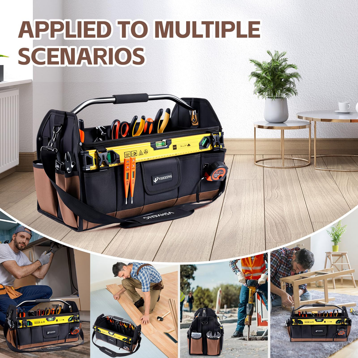 VSHXENG 20 Inch Tool Bag, Foldable 19 Pockets Tool Tote Bags with Tool Organizer with Adjustable Shoulder Strap, Easy Carry and Easy Tool Access Open Top Tool Bag