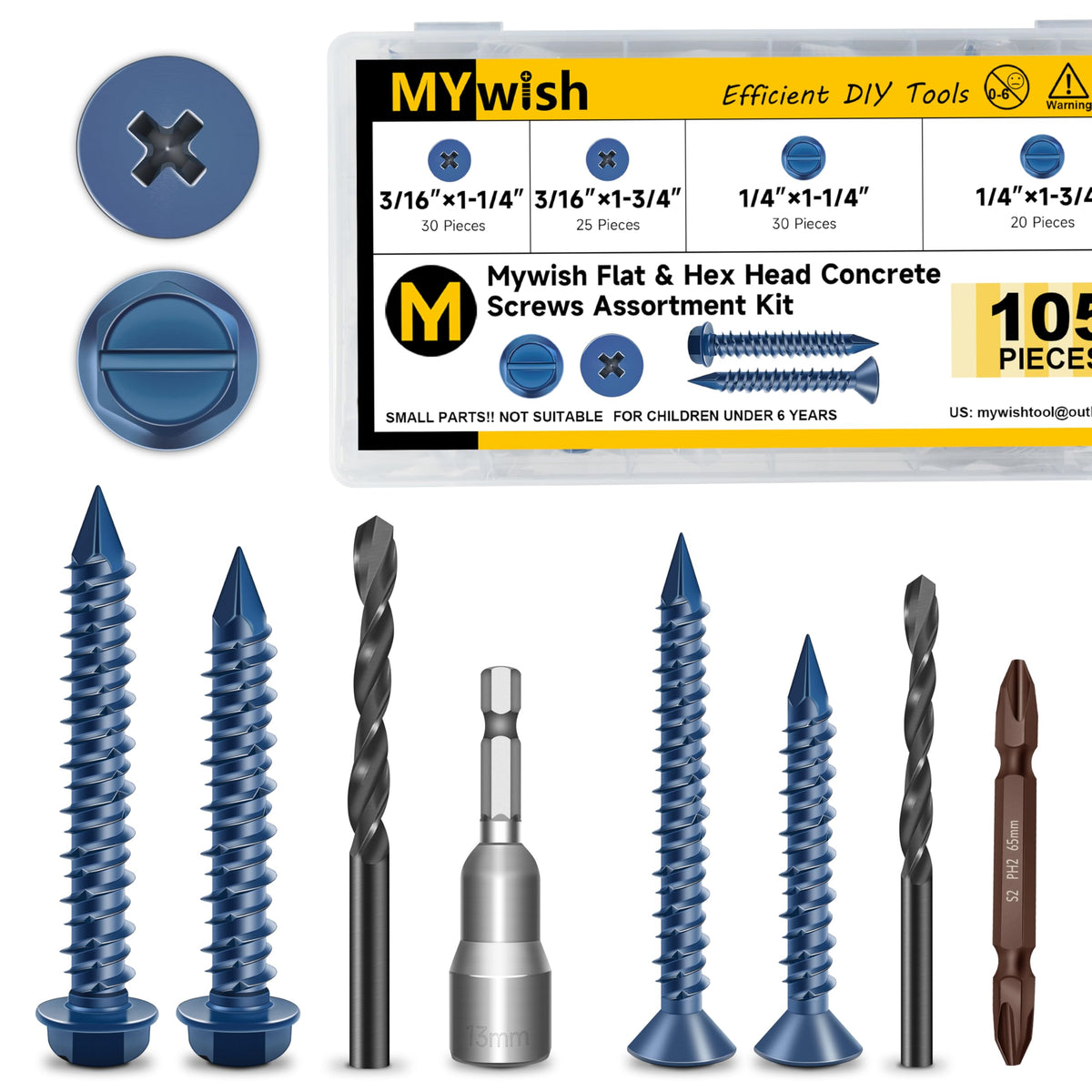 Mywish 105Pcs Concrete Screws Assortment Kit, Flat Pillips & Hex Head Masonry Block Brick Cement Screws with Drill Bit, Concrete Screws Set for Concrete Masonry Stucco Brick