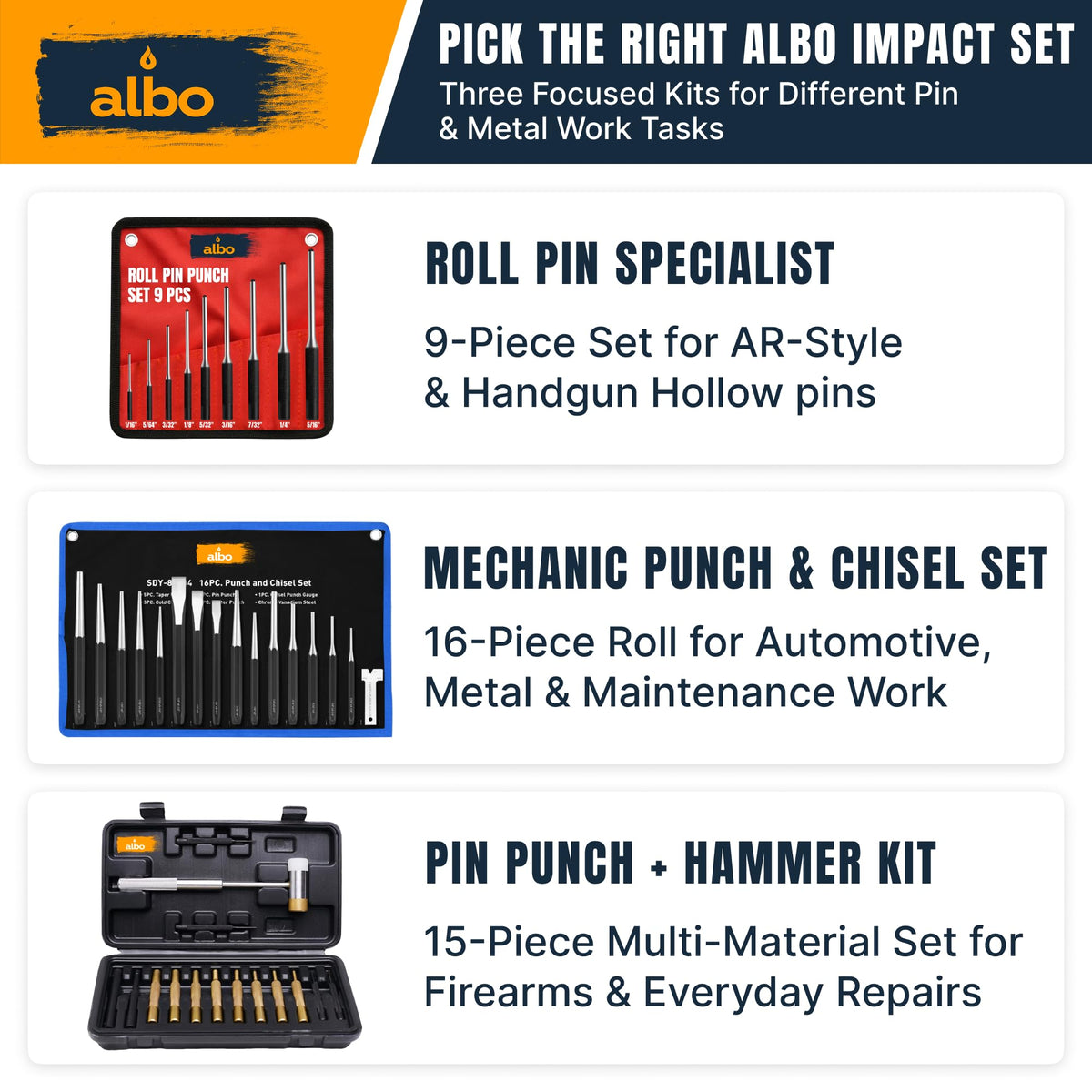 ALBO 16-Piece Punch & Chisel Set, Tapered, Pin & Center Punches, Chisels