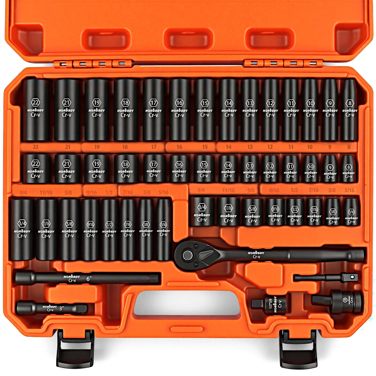 HORUSDY 56-Piece 1/4" Drive Impact Socket Set, Standard SAE (5/32 to 9/16 inch) and Metric (4-15mm) Size, 6 Point, Cr-V, 1/4-Inch Drive Ratchet Wrench, Drive Extension Bar, Impact Universal Joint