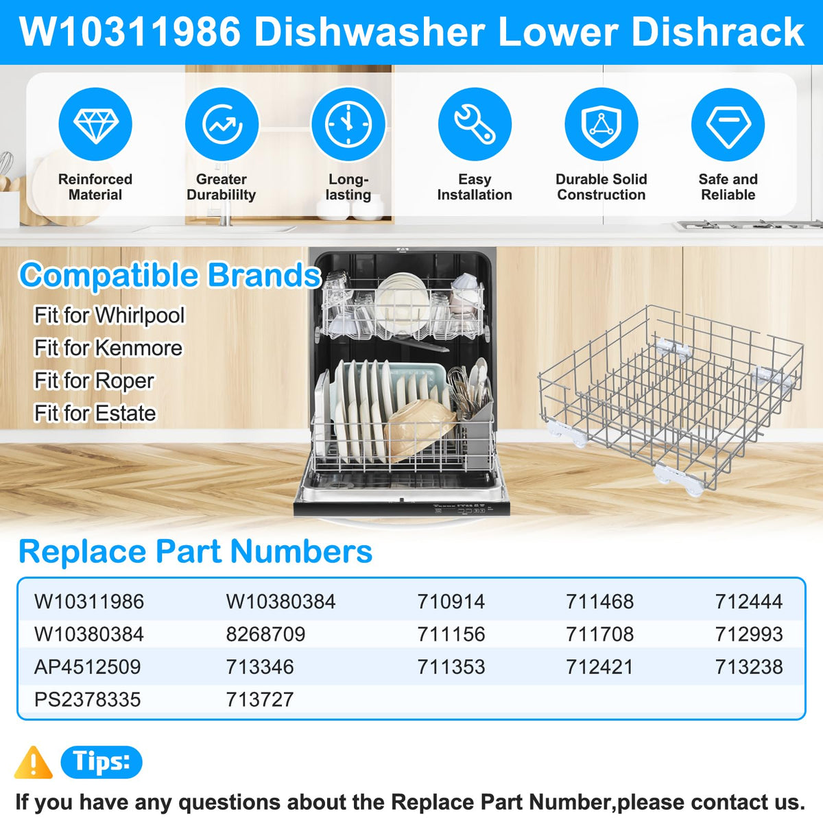 UPGRADED W10311986 W10380384 Dishwasher Lower Rack Assembly for Whirlpool Kenmore Dishwasher Rack Replacement Parts,W10311986 W11158802 Whirlpool Dishwasher Bottom Rack with Wheel Dishrack