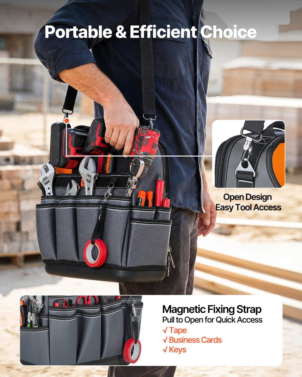 VEVOR Tool Bag, 13.2 Inch, 39-Pocket Open Top Tool Pouch, Portable Electrical Maintenance Toolbox Organizer Storage with Hard Plastic Base, Adjustable Shoulder Strap, for Professionals DIY & Jobsite