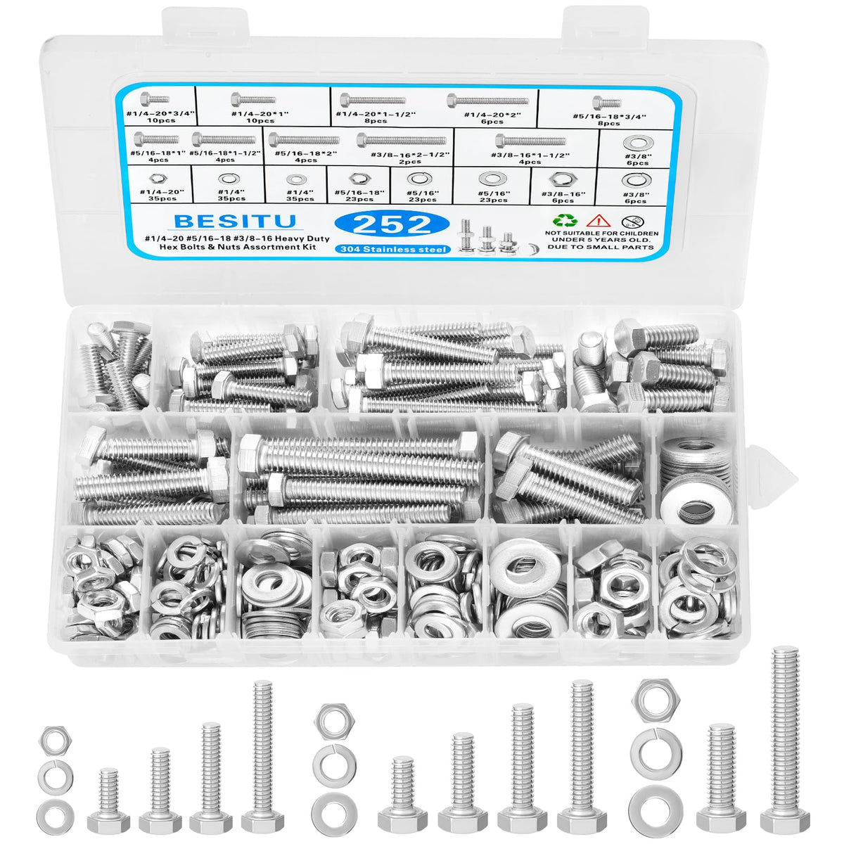 Besitu 252Pcs Hex Bolts and Nuts Assortment Kit, 1/4-20, 5/16-18, 3/8-16 Assorted Bolts Nuts and Washers Kit, 304 Stainless Steel Machine Screw Sets with Case
