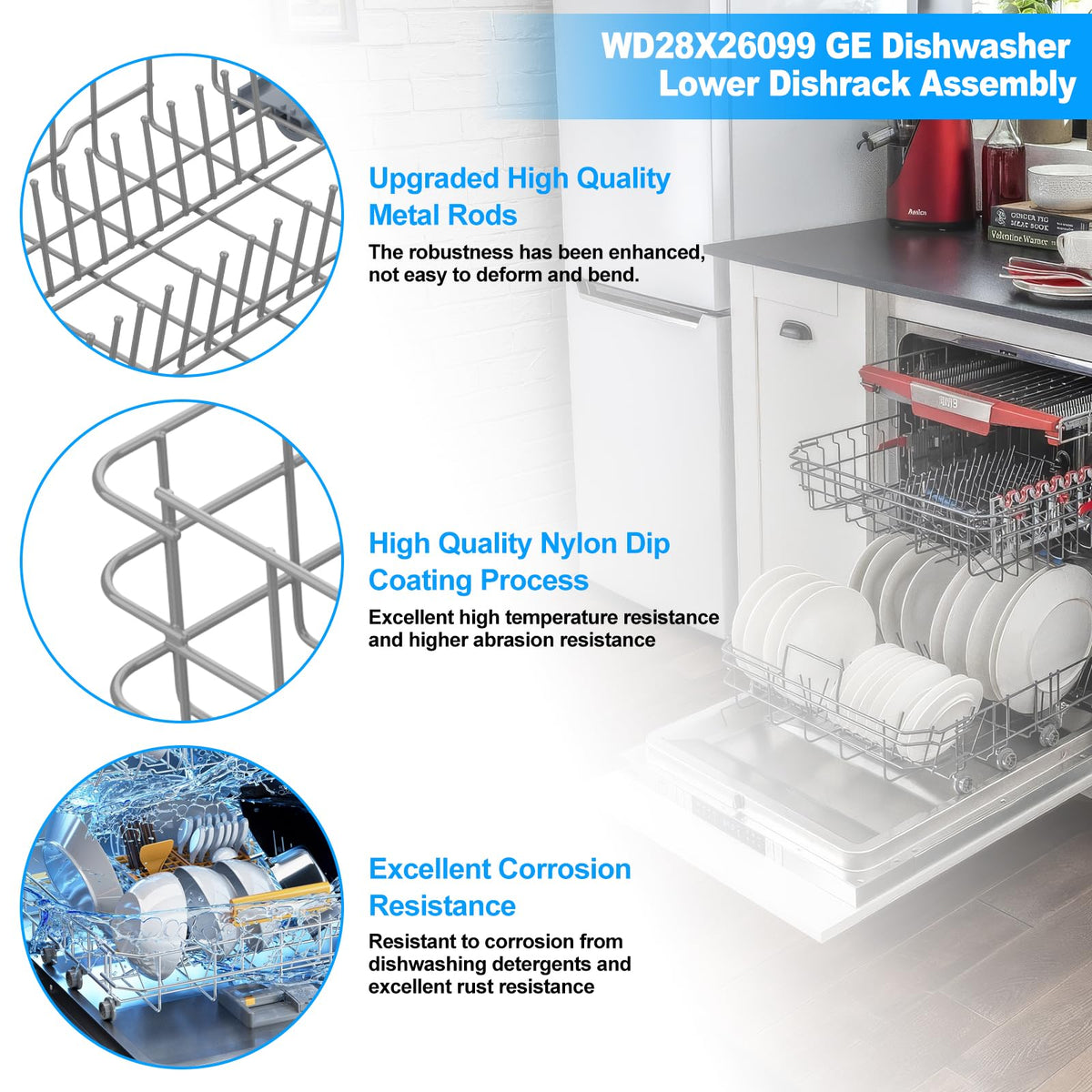 UPGRADED WD28X26099 WD28X34744 Dishwasher Lower Rack Compatible with GE Dishwasher Rack Replacement Parts WD28X24396 WD28X22659 WD28X28918 GDF510PSM0SS GDF510PSD1SS GE Dishwasher Rack Parts with Wheel