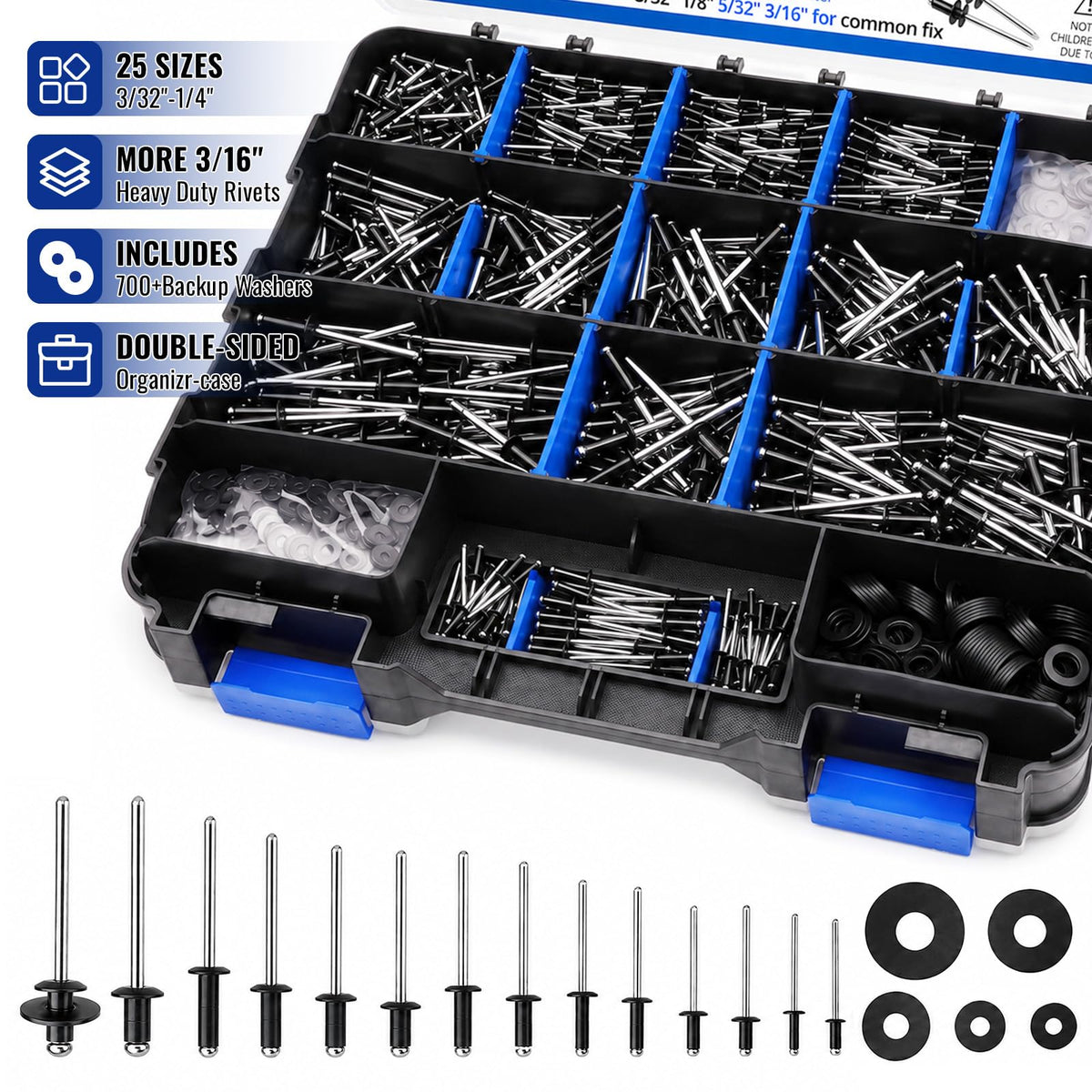 2040PCS Aluminum-Steel Pop Rivets and 304 Stainless Steel Washers Assortment Kit,30Sizes(3/32", 1/8",5/32", 3/16", 1/4"), Rivet Kit for Metal, Sheet Metal, Auto Body, DIY Repair & Fabrication,Black