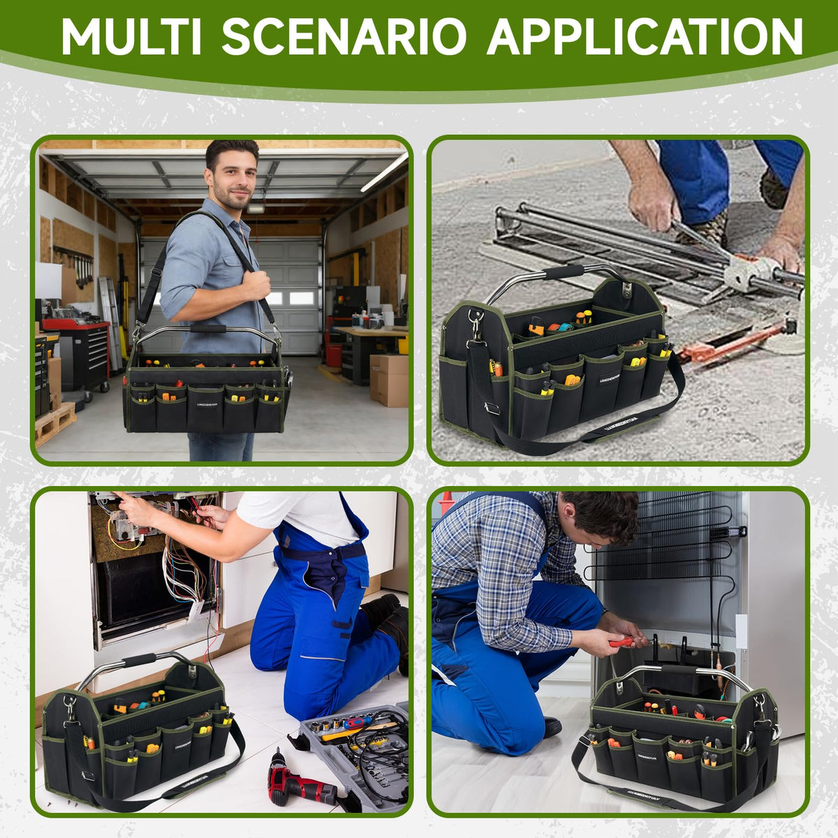 20In Electrician Tool Bag, Foldable Bags For Men Heavy Duty, Open Top Tool Tote, 30 Pockets Can Hold Many fittings, Organizer Stainless Steel Handle and Removable Shoulder Strap