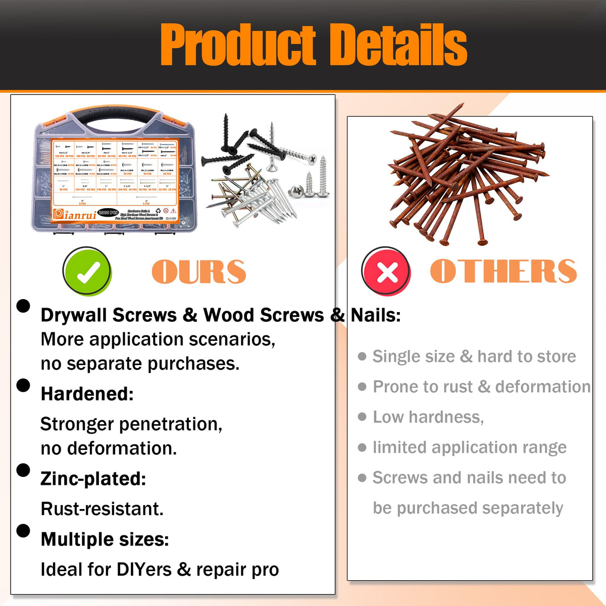 Dianrui 2000 PCS High Hardness Nails & Wood Screws & Sheet Metal Screws Assortment Kit,Phillips Drive Flat & Pan Head Wood Screws Set for Picture Hanging/Wood/DIY with Storage Box