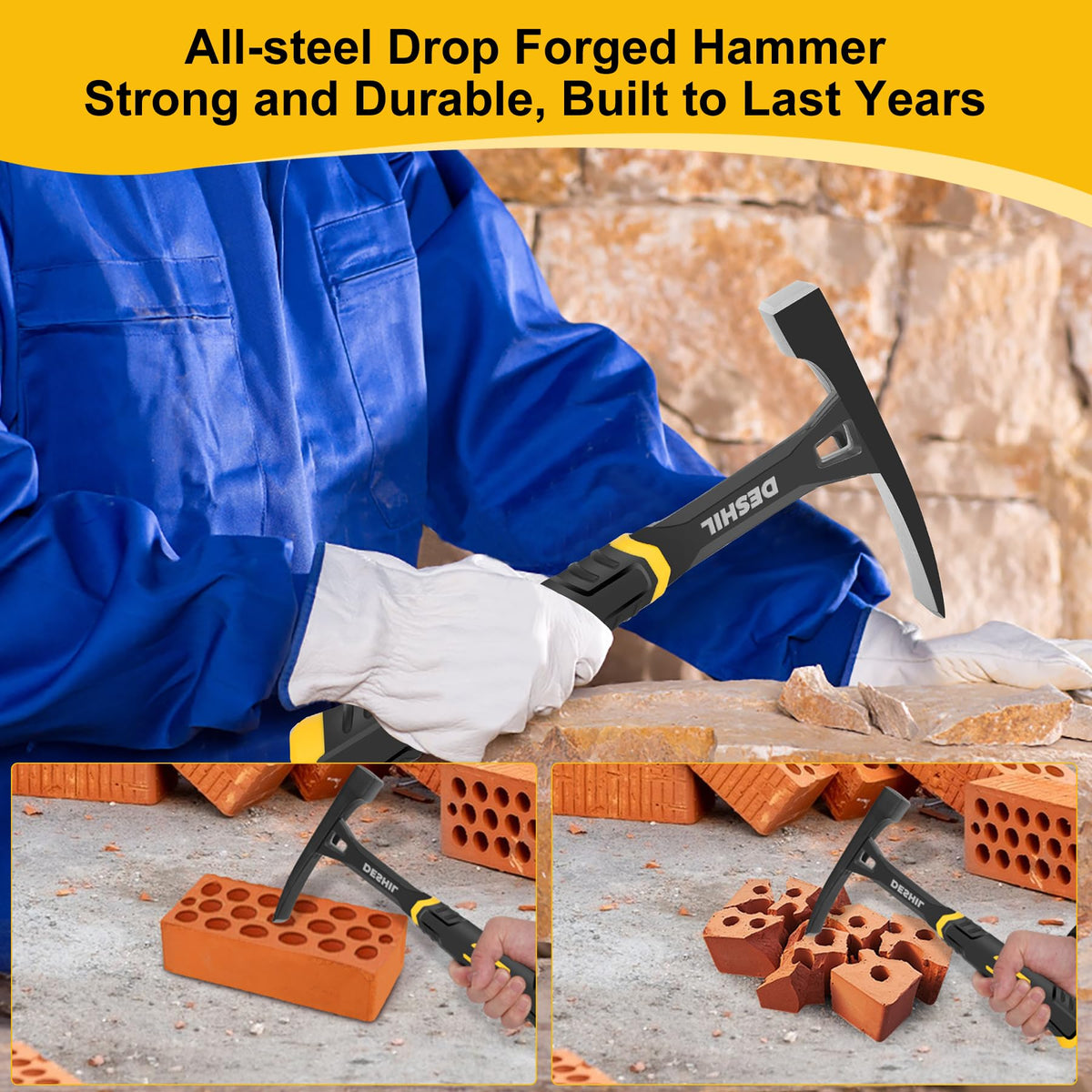 Bricklayer's Hammer Mason's Hammer - 20 oz Masonry Tool with Forged Steel Construction & Shock-Absorbing Grip