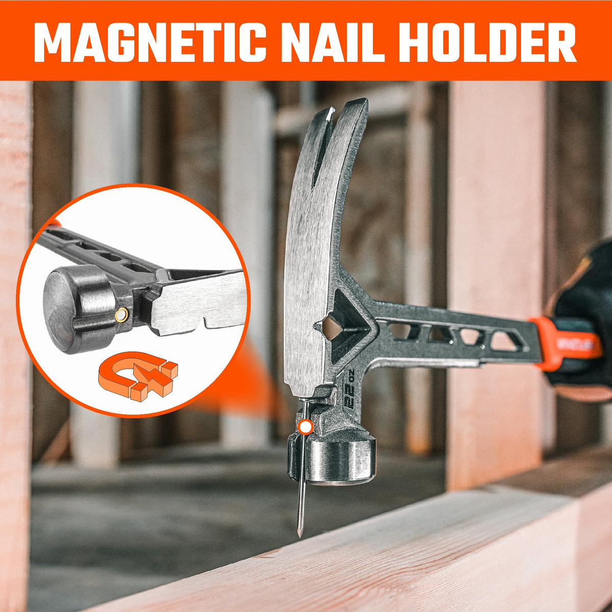 VANQUISH Framing Hammer 22oz One Piece Forged Straight Claw Hammer with Smooth Face & Shock Reduction Grip, Claw Hammer with Magnetic Nail Holder Side Nail Puller, 0630