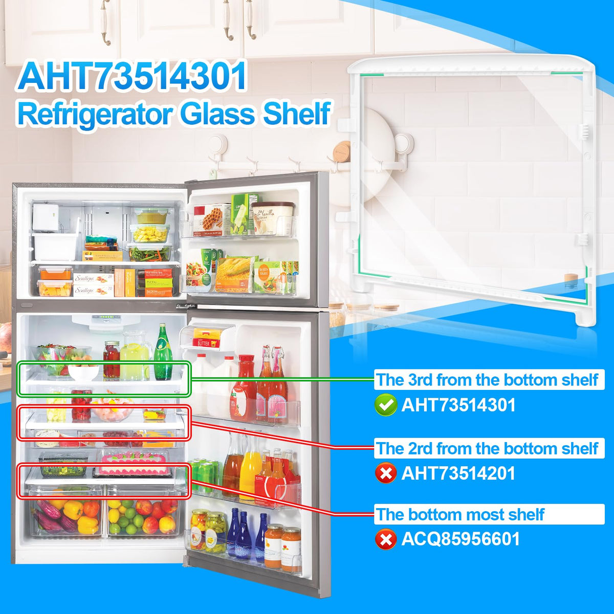 UPGRADED AHT73514301 Glass Shelf Compatible with LG Refrigerator Glass Shelf PS7788910 Kenmore LG Refrigerator Shelf Replacement LTCS20030S LTCS20020S LTCS20220B LTCS20020W LTCS20220S LG Fridge Shelf